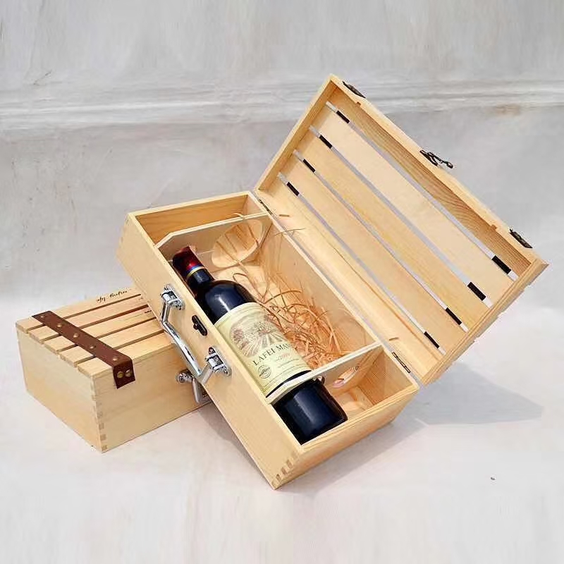 Wholesale brown 2 bottles wooden wine bottle and glass box set